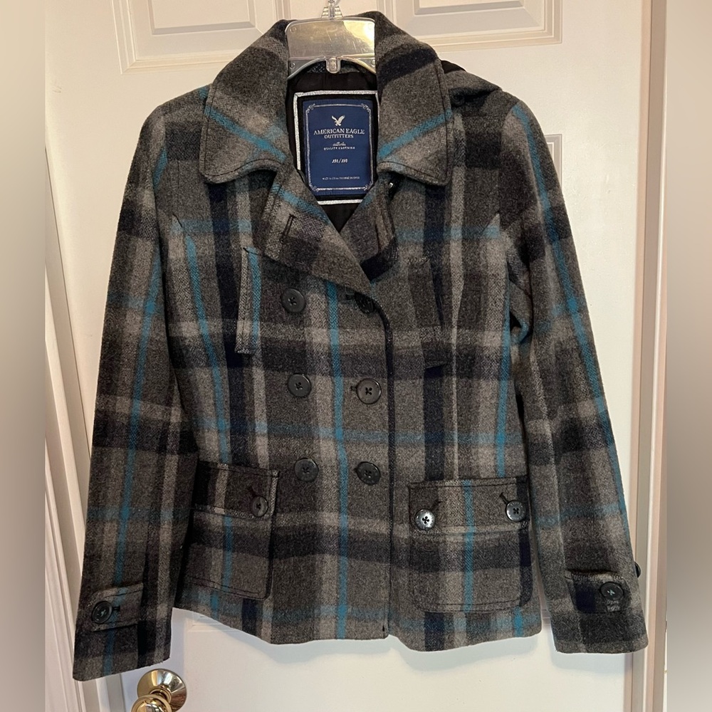American Eagle Outfitters Women's Checkered Peacoat - Charcoal and Teal